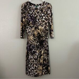 Lauren Ralph Lauren Faux Wrap Dress 12 Ruched Purple Tan Animal Print Abstract